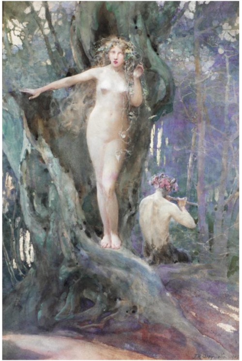 The Magic of Pan’s Flute.1905.Watercolour.53 x 35 cm.Art by John Reinhard Weguelin.(1849-1927).