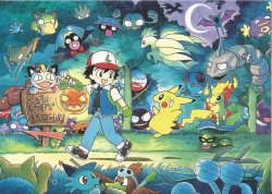 hantsukihaunter: hantyspkmncollection:   Pocket Monsters Pikachu Original Artcard (Postcard): Spooky Forest Theme - 1998   Sign reads: The next town is in 1 kilometer! 