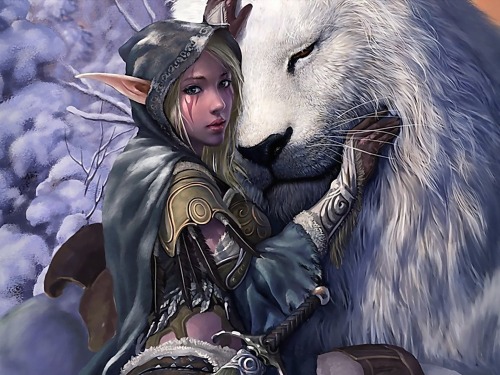 cyrail:darkfantasypics:World of Warcraft elf and her pet. And yes, this is another wallpaper. Featur