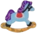 sticker of a children's rocking horse toy. the horse is white with a purple mane.