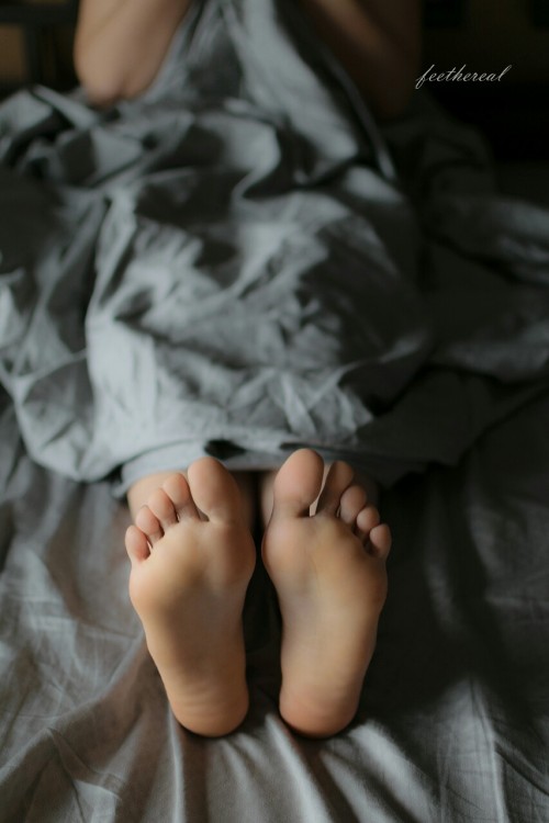 feethereal:  Morning play time with @esotericsubmissive. After Master admiring and capturing her beauty while she lay in bed, it was only a matter of time until she begged Master to use her toes and soft soles to play with His cock… (This is my work,