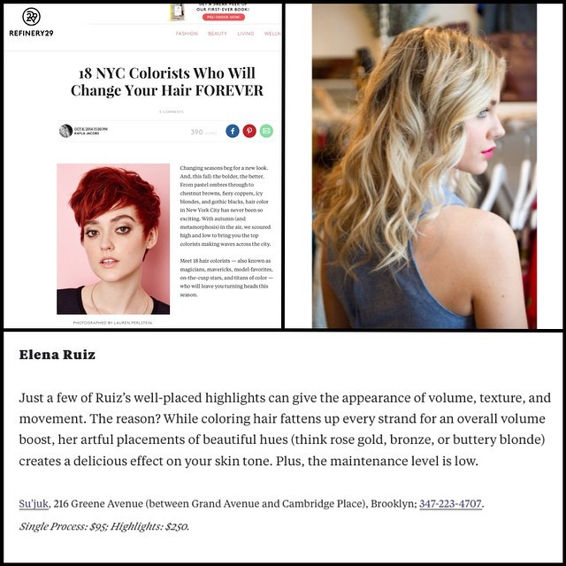 We are so honored to have @colorbyelena being featured as one of the top #colorist that will change your life on @refinery29!!! Whoohoo!! Thank you @kaylasthreads for thinking of us! Book Elena at www.su-juk.com #brooklyn #colorist #clintonhill #nyc...