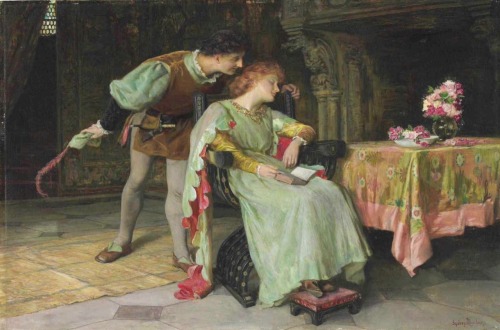 A Surprise Visit.Oil on Canvas laid down on panel.Private collection.Art by Francis Sydney Muschamp.