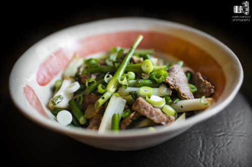 The wok continues. Farmer&rsquo;s market Chinese. Beef, green onion, bok choy, and garlic scape 