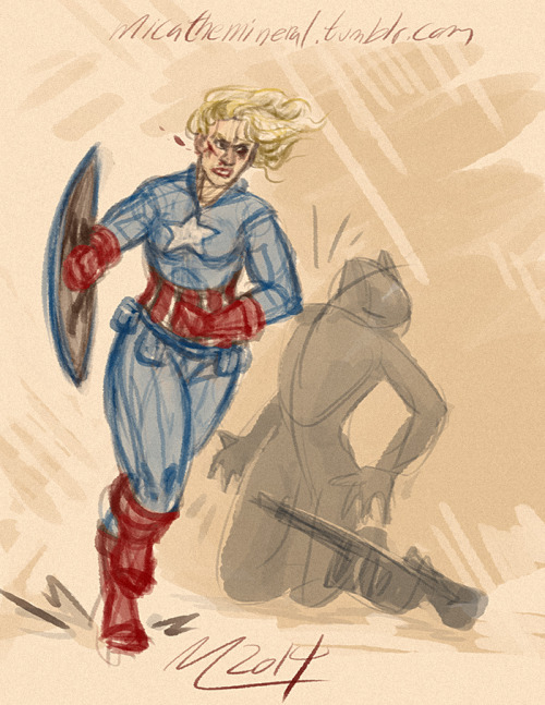 A quick little sketch of fem!cap fighting, because drawing blood and bruises and torn fabric and act