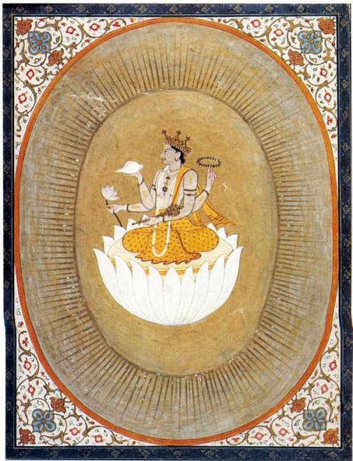 Lord Vishnu on a lotus within the cosmic ‘egg-yolk’ of Brahmand. Pahari. 19th century