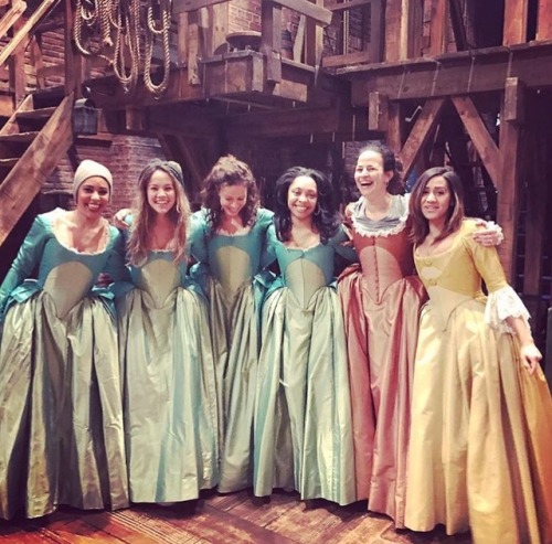 Hamilton on Broadway had a rehearsal with four Eliza’s, one Angelica, and Peggy.  Left to right: Eri