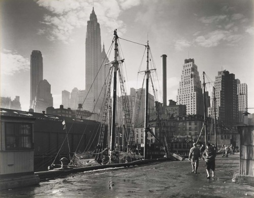 historicaltimes: Berenice Abbott, Fulton Street Dock, Manhattan skyline, USA 1935. via reddit Keep r
