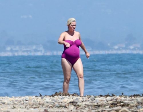 Heavily Pregnant Katy Perry Slips Into a Plum One-piece for a Swim in MalibuThe Roar singer Katy Per