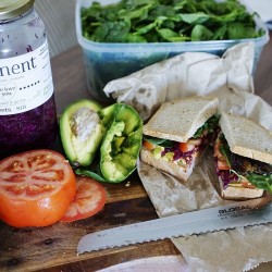 vanessaprosser:  Organic sourdough spelt bread, avocado, tomato, spinach, baby kale, dates, fermented beetroot &amp; salt and pepper🌿 perfect Saturday combo x 