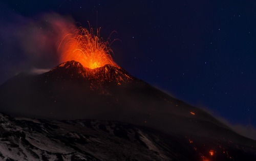 earth-land:    Europe’s most active volcano, Mount Etna   At 3,295 metres (10,810 feet), Etna is Europe’s tallest volcano and is located in Sicily. Etna is a composite volcano, like other dangerous volcano such as Mount St Helens and Mount Vesuvius.
