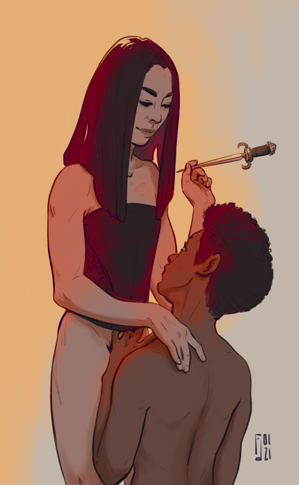 Drawing of Emperor Philippa Georgiou and Michael Burnham against a golden background. Wearing nothing but a black binder with the appearance of a corset and a smirk, the Emperor is looking down at Michael. She has a hand on Michael’s shoulder, the other holding a slim dagger by the blade. Bare, Michael is shown from the back, kneeling before Georgiou and staring up at her face. Her fingers are slipping under Georgiou’s corset. 