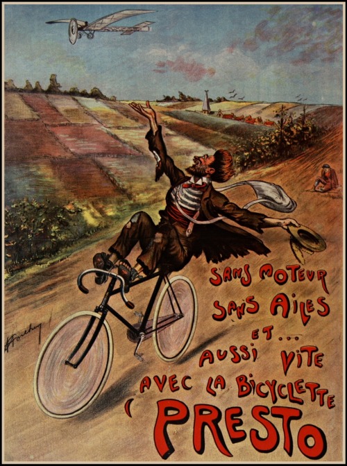 Sans moteur, sans ailes et…aussi vite avec la bicyclette “Presto”. Art by A. Forc