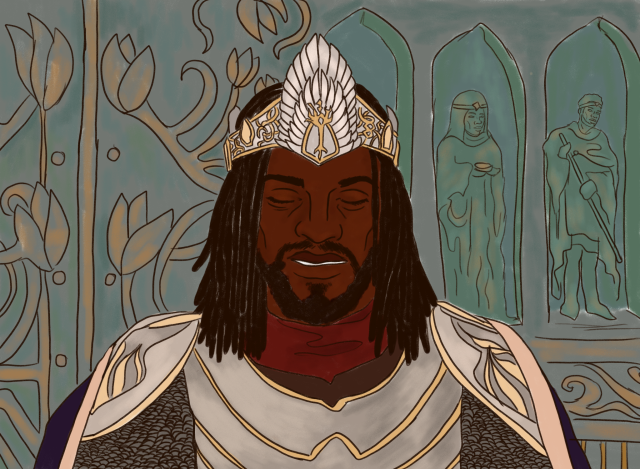 A redraw of Aragorn singing the oath of Elendil at his coronation from the end of Return of the King. Aragorn is a Black man with thin shoulder length locs and a short beard. His eyes are closed.