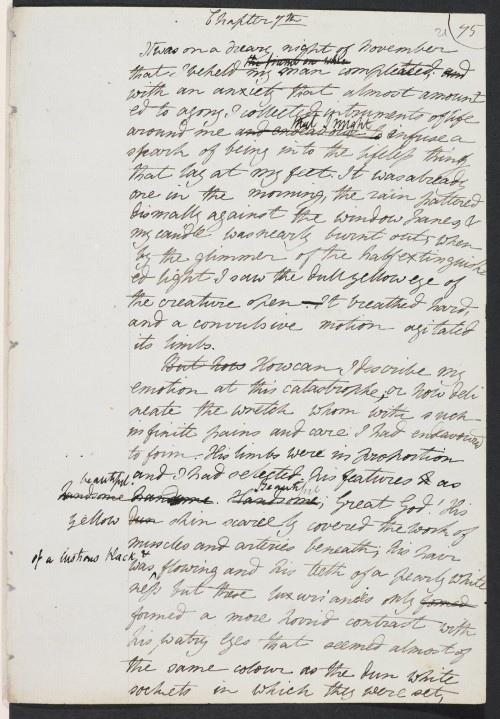 bookantic:“Shown here is Mary Shelley’s (1797-1851) working draft of the turning-point in Frankenste