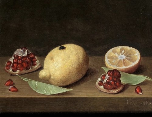 Still life of lemon and pomegranate on table-top - Jabob van Hulsdonck (1582-1647) - Private Collect