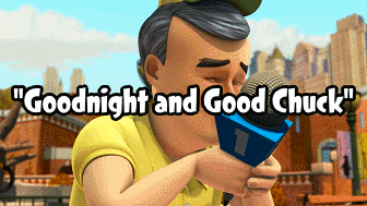 gif from TPoM episode "Goodnight and Good Chuck". Chuck Charles hugs a news microphone to his face and kisses it. text overlay: "Goodnight and Good Chuck".