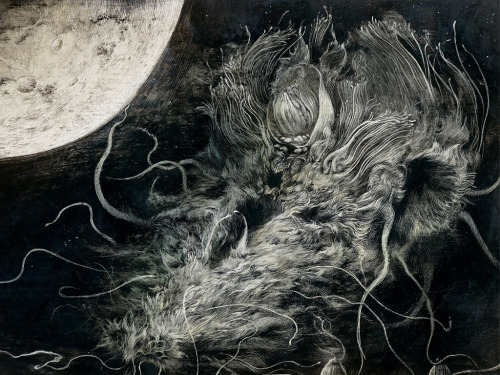 santiagocaruso:  “The Throne of Caos” by Santiago Caruso / Ink & scratch on plastered paper / 2014 Cover of the book “Extraños Eones” by Emilio Bueso, Valdemar 2014 www.santiagocaruso.com.ar