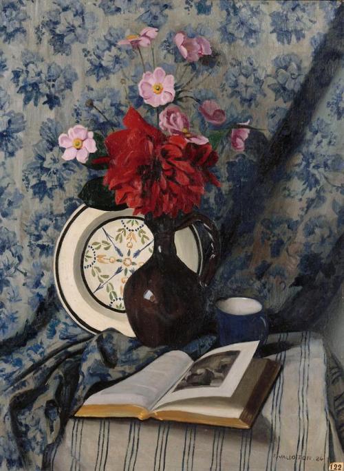 Red Dahlias and Open Book   -   Vallotton, Félix Edouard , 1924.Swiss, 1865-1925 Oil on canvas, 73 x