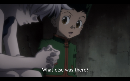 Gon is trying to keep Killua and himself distracted so they don’t get down too much by rambling a bi