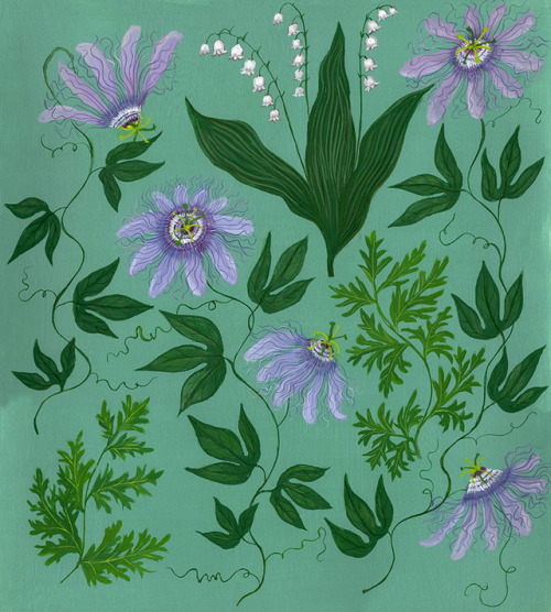 swan-bones: Passionflower and Lily of the Valley gouache on paper, 2018 by Kelly Louise Judd 