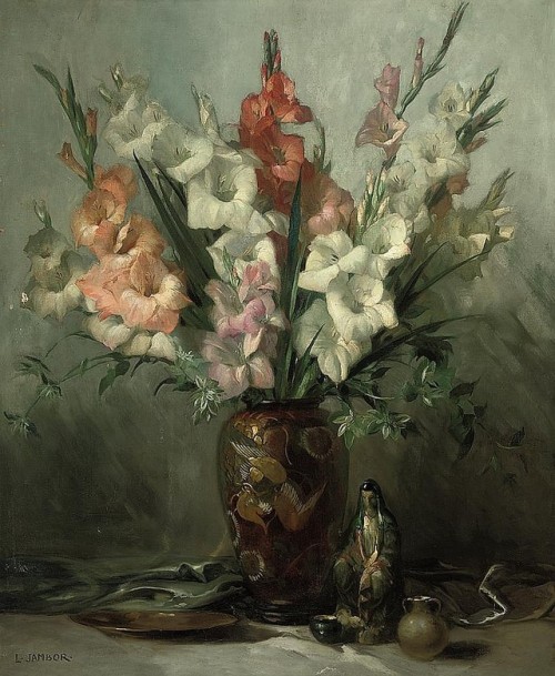 Lajos Jambor (1884 - 1955)Gladioli in an Oriental vase with ornaments on a draped table