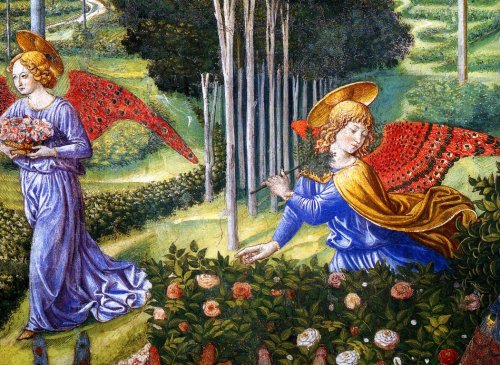 benozzo-gozzoli: Angel Gathering Flowers in a Heavenly Landscape (detail), 1460, Benozzo GozzoliMedi