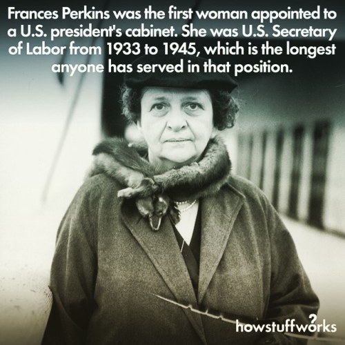 howstuffworks:  On March 4, 1933, Franklin Delano Roosevelt's first administration began and brought with it the very first woman in a Presidential Cabinet: Labor Secretary Frances Perkins. She’s most notably credited