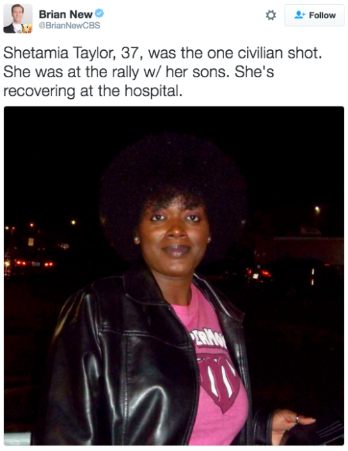 meghanbeda:  revolutionarykoolaid:  Please keep Shetamia Taylor in your prayers today. She is the only reported civilian to be shot at the Dallas protest. She was shot while trying to protect her sons from sniper fire. Her condition appears to be stable