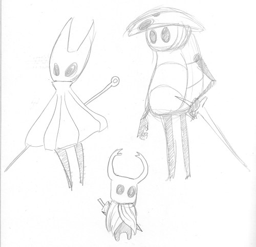 [ID: Three pages of traditional sketches of hollow knight’s characters. The first one has Quirrel, H