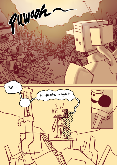 4: The page starts with a wide shot of the junkyard alongside a gobsmacked Mr. Puzzles as wind blows (PUWOOH~). The second panel displays an extremely simplified illustration of Mr. Puzzles who mutters to himself, “ah… t-that’s right” as, unknowingly, the table he stands on begins to wobble under the additional weight.