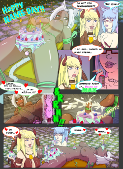 channeldulce:  Commission from “Anon” , single page comic titled “Ceres Gradia ‘s Nameday”… with Ankouh presenting Ceres her gift of a Futa Leanan cock cake   yummy~ ;9