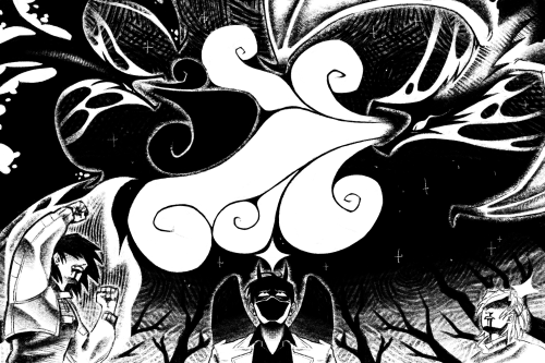 Black and white drawing of a scene from chapter 405 of Omniscient reader's viewpoint. It depicts the fight between the Apocalypse dragon and Abyssal Black Flame Dragon. Smaller black dragon is being pushed by the flame breath of the bigger one. Under them are Kim Dokja, Han Sooyoung and Shin Yoosung. Han Sooyoung is cheering her sponsor on, Kim Dokja seems concerned and Shin Yoosung seems to be unconcious while standing.