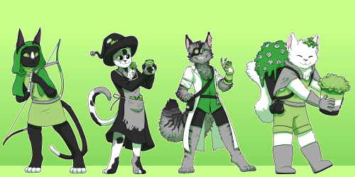 [image description: 4 anthropomorphic cats in the same colour scheme as the aromantic flag. the firs