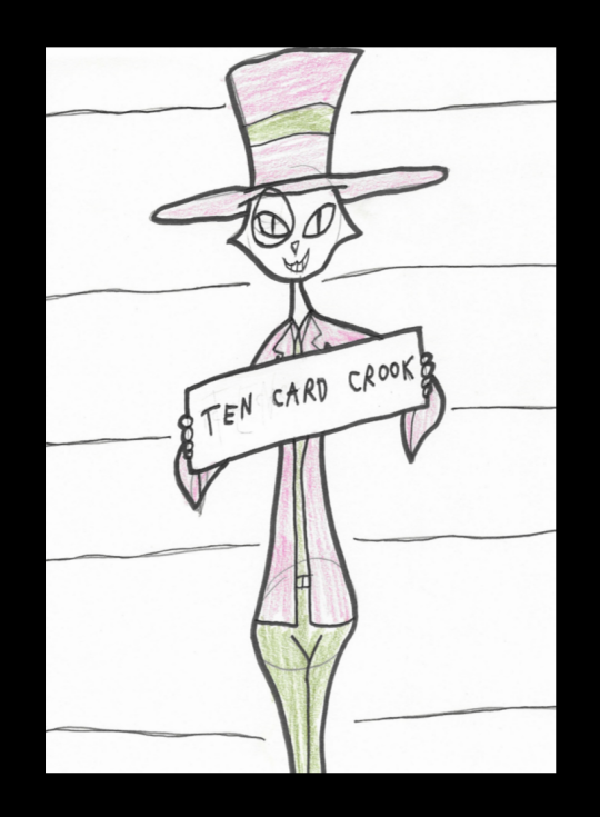 Ten Card Crook, by Godahl. Lizzie Smithson is standing in front of a lineup, holding a sign that says the name of the game.