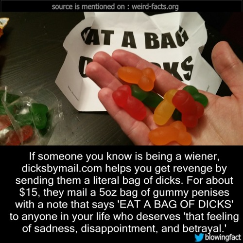 afrique-ah:  mindblowingfactz:    If someone you know is being a wiener, dicksbymail.com helps you get revenge by sending them a literal bag of dicks. For about ฟ, they mail a 5oz bag of gummy penises with a note that says ‘EAT A BAG OF DICKS’ to