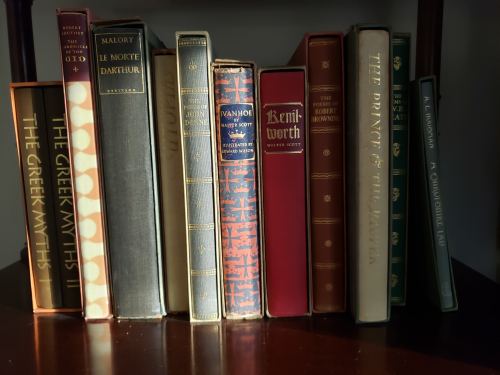 Book spines, early morning light.