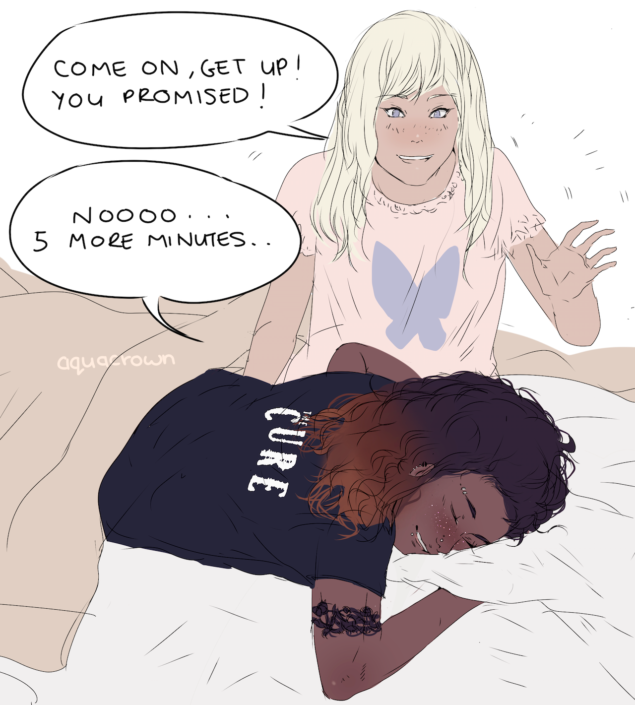 tarmahartley:  aquacrown:  xekstrin:  2tonsea:  #a fairy and a vampire have an argument  small perky girlfriend trying to get her big lanky goth girlfriend out of bed because she promISED her they would go out today   This post is so cute I had to draw