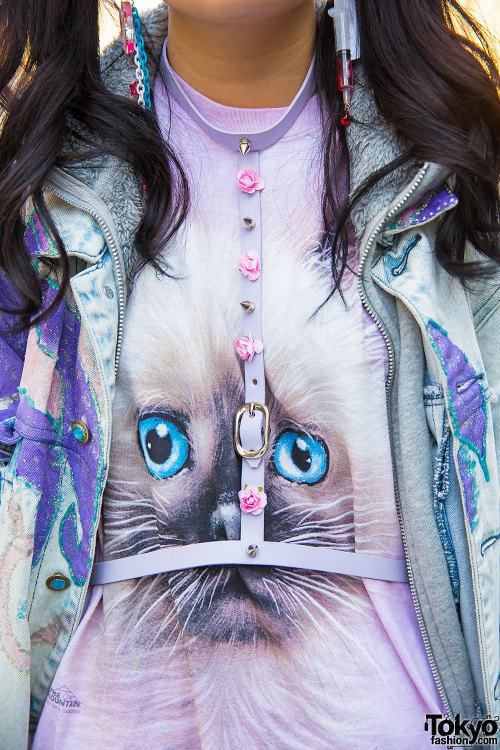 19-year-old Pachiko on the street in Harajuku wearing a Nadia cat tee, heart tights from Kinji, a Bu