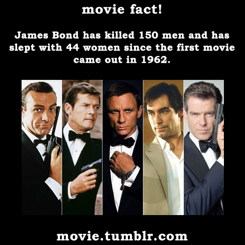 movie:  James Bond has killed 150 men and has slept with 44 women since the first