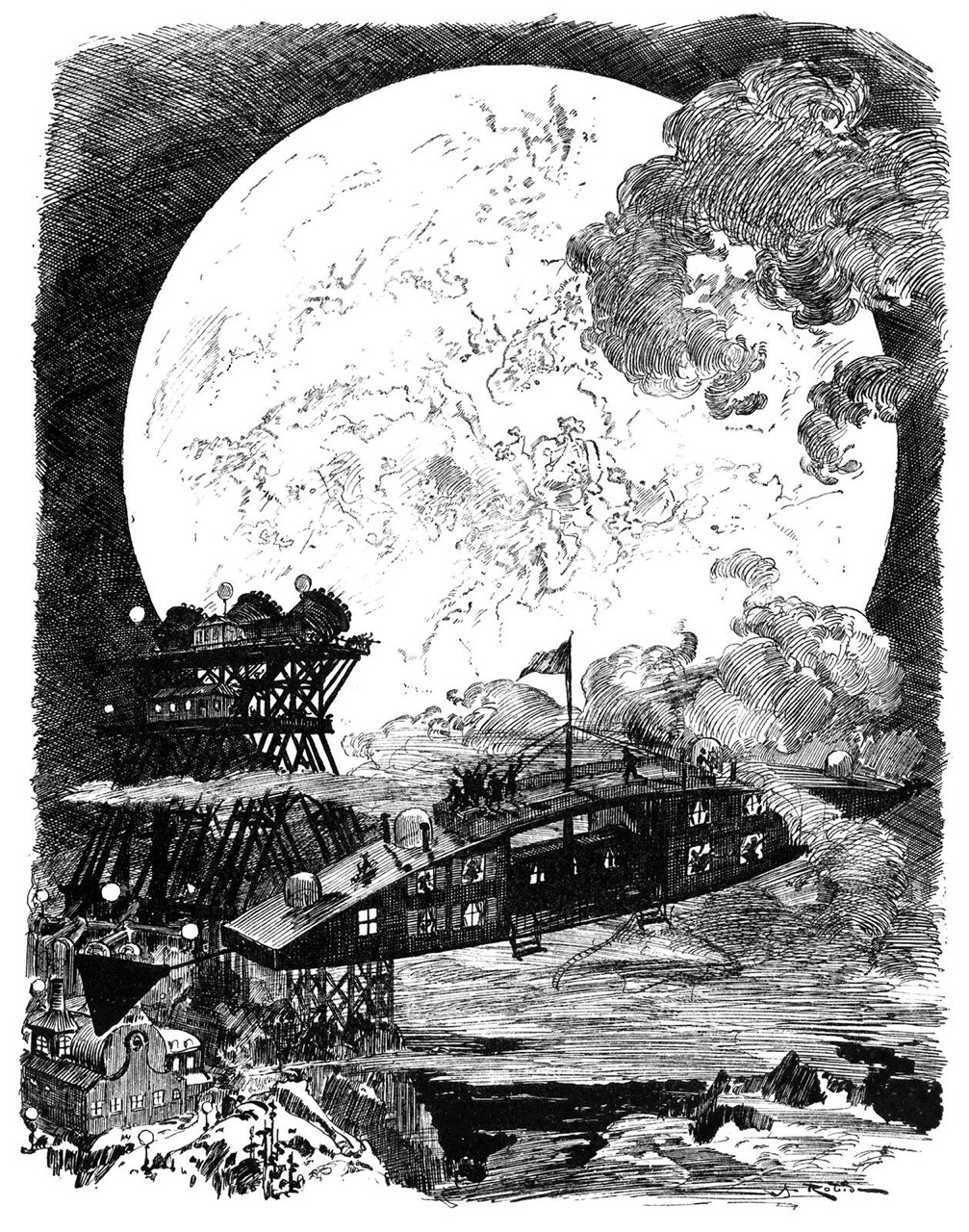 talesfromweirdland: A trip to the moon, as envisioned in 1883.  Illustration by French