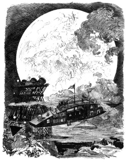 talesfromweirdland: A trip to the moon, as envisioned in 1883.  Illustration by French artist, Albert Robida (1848-1926), from Le vingtième siècle. 