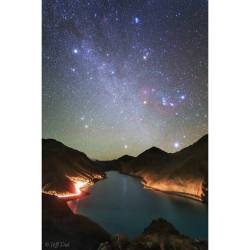 Winter Hexagon over Manla Reservoir #nasa #apod #winterhexagon #stars #aldebaran #capella #castor #pollux #procyon #rigel #sirius #milkyway #centralband #galaxy #pleiades #starcluster #star #constellation #constellations #orion #nebula #manlareservoir