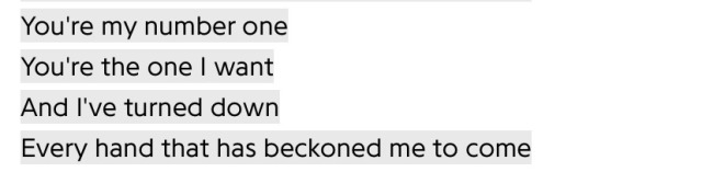 A screenshot of lyrics from Mitski's song Geyser. They read, "You're my number one / You're the one I want / And I've turned down / Every hand that has beckoned me to come."