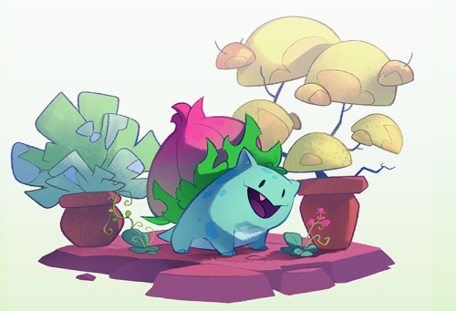 kellamartinart:a lil bulbasaur in-between evolving to an ivysaur! I like the concept of slower-transition evolution in pokemon, it’s neat to mess with. 