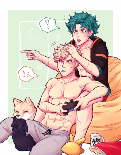 sonreiv:my piece for the @katsudekuzine! Battle scars from hero job? Check. Engagement rings? Check. Deku being an embarassing nerd who not only collects AM merchandise but also his husband’s merchandise? Check. Shamelessly shoves proto!Katsuki and