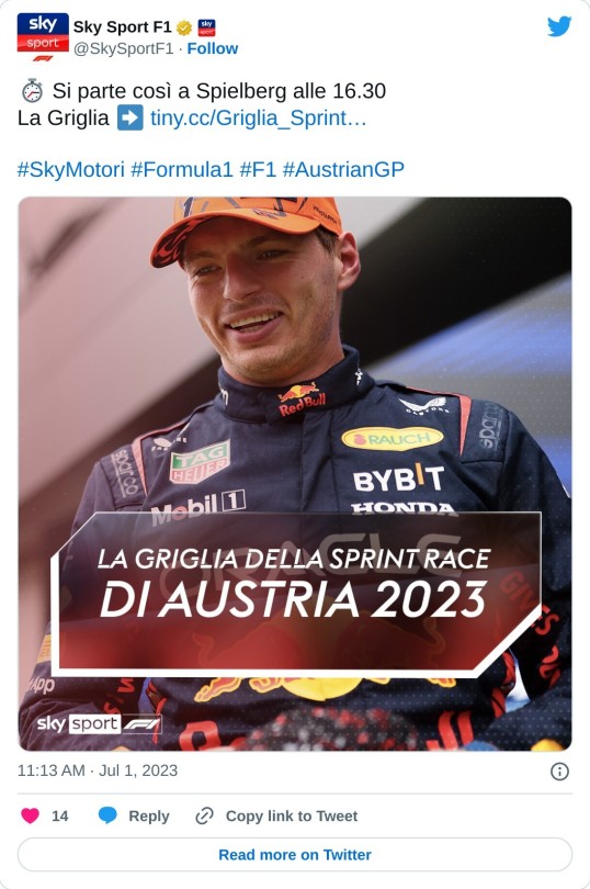 ⏱ Si parte così a Spielberg alle 16.30  La Griglia ➡️ https://t.co/d803hvWBGx#SkyMotori #Formula1 #F1 #AustrianGP pic.twitter.com/bs9rK1lzYL  — Sky Sport F1 (@SkySportF1) July 1, 2023