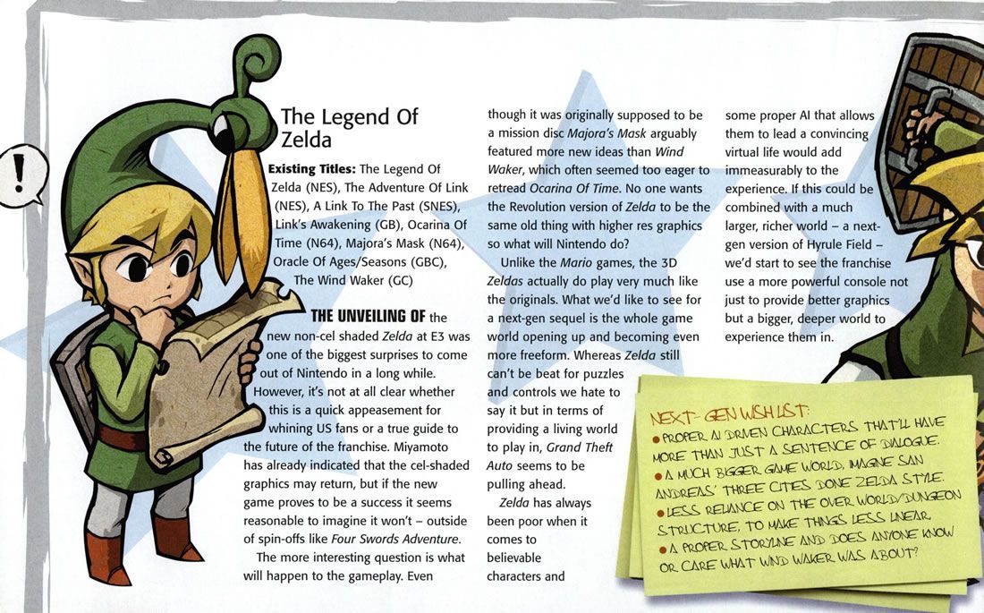 This little feature was published just after a new non cel-shaded Zelda game was unveiled at E3 in 2004, it’s a gamecube era next-gen wishlist from Cube UK Magazine’s 36th issue in October, 2004.