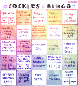 almaasi:  the paper version of this bingo card was originally supposed to be mailed to @cassammydean​ but I haven’t sent it yet, and I figured the rest of you cockles dumpster children could do with one of these right now because jibcon is upon us