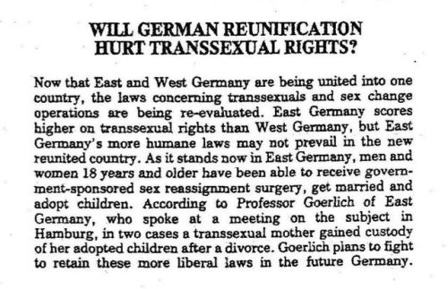 todaviia: genderbolshevism:A snippet on what German reunification would mean for trans rights that a